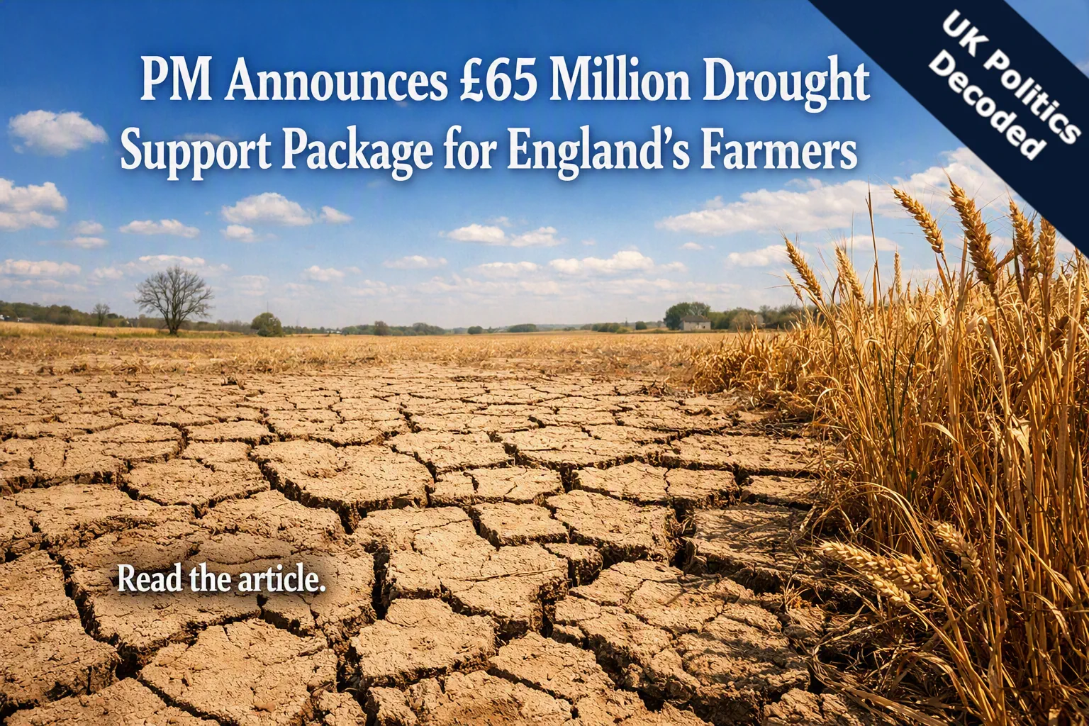 A dry, cracked field under a summer sky representing drought conditions facing English farmers in 2026