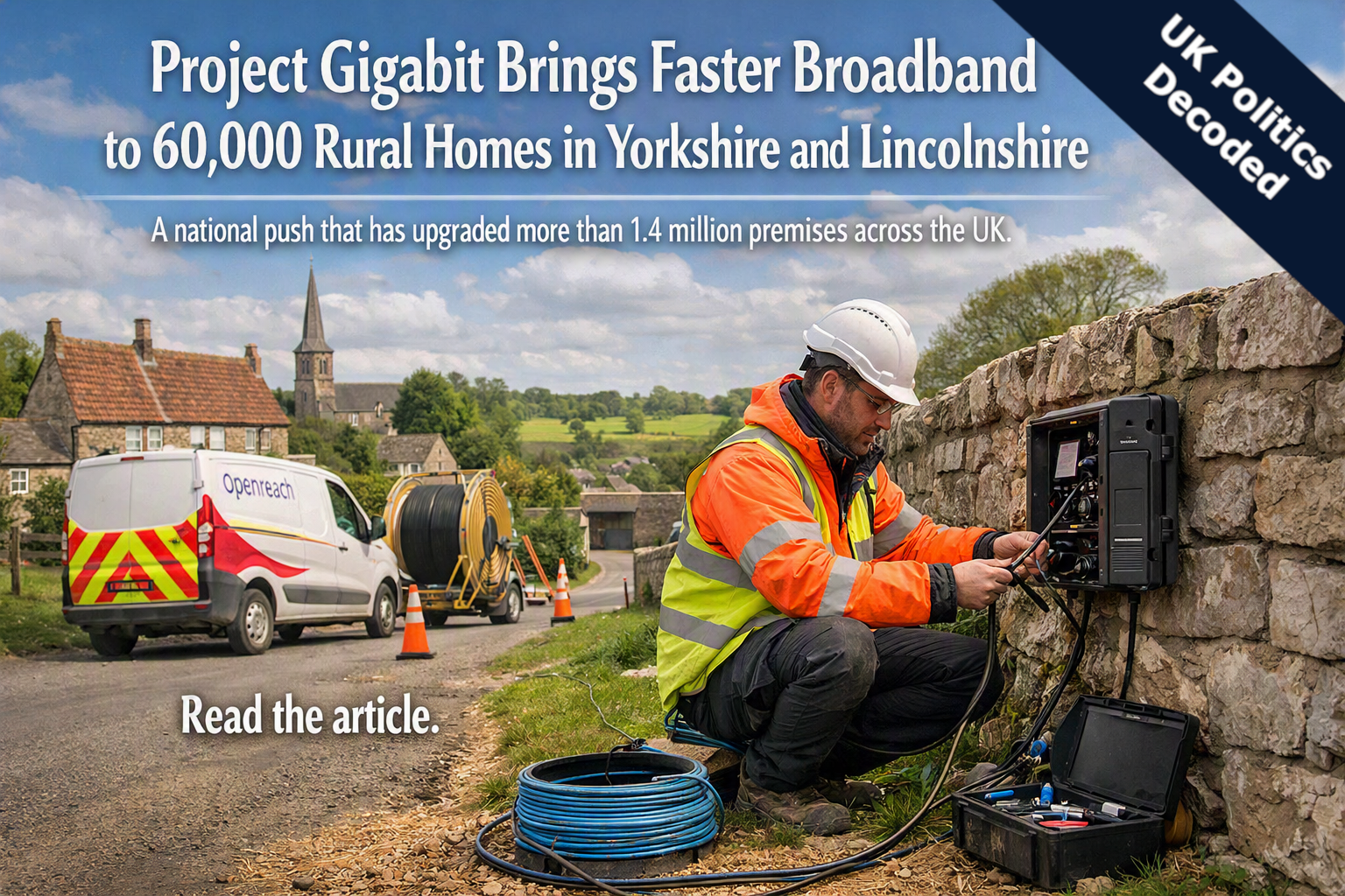 Broadband engineer installing fibre cable in a rural village, representing Project Gigabit rollout in Yorkshire and Lincolnshire