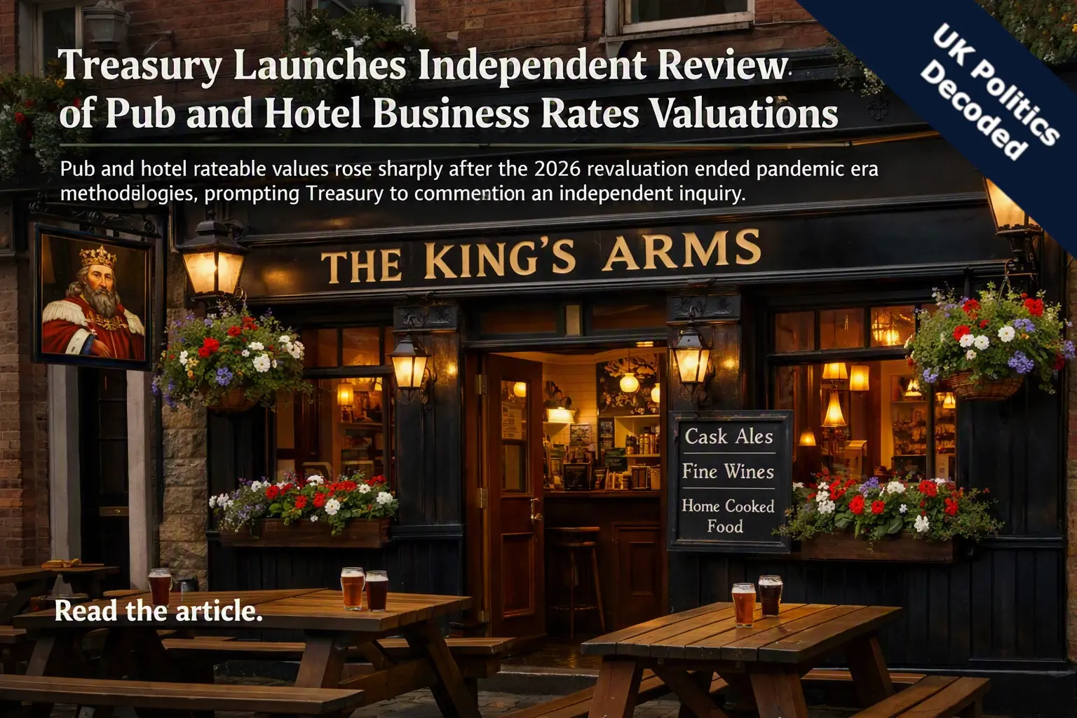 A traditional British pub exterior representing the Treasury's independent review of pub and hotel business rates valuations launched in August 2026