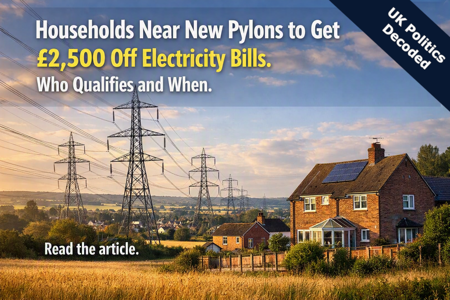 Electricity pylons crossing countryside near UK homes, illustrating the bill discount scheme for households living close to new transmission infrastructure