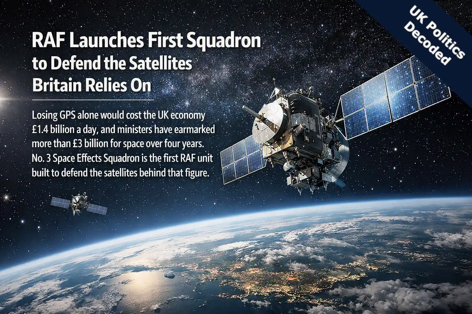 A satellite above the Earth, illustrating the RAF's new squadron tasked with defending UK space assets