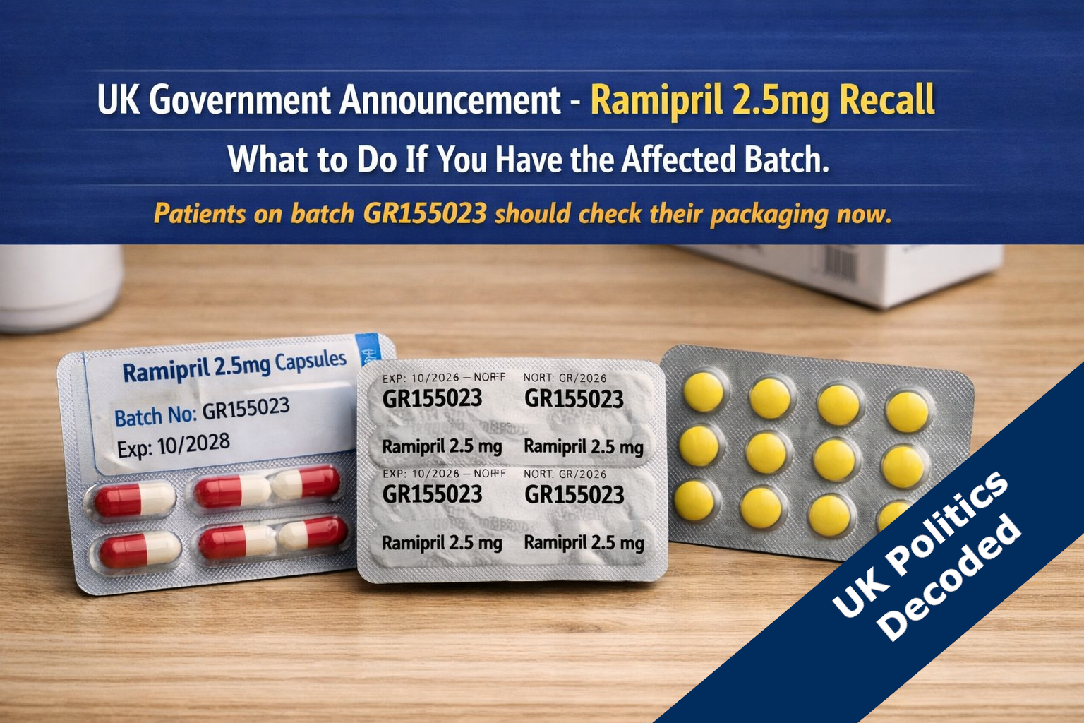 Blister packs of capsules representing the Ramipril 2.5mg packaging error recall issued by the MHRA in May 2026