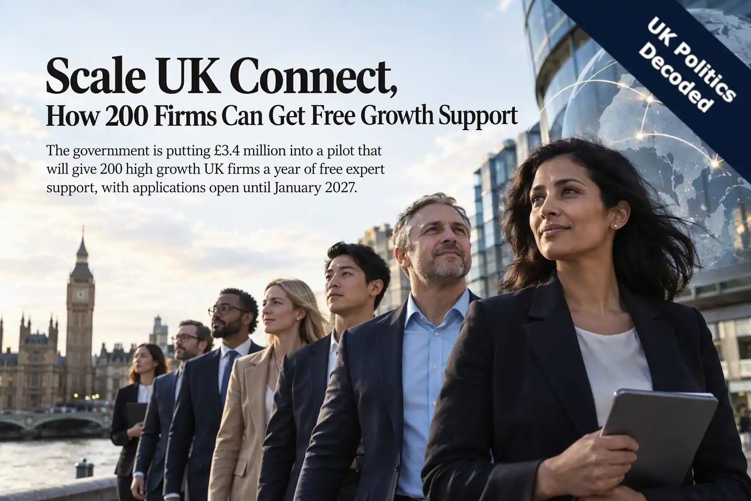 Illustration of a growing line of UK businesses connected to investors and international markets
