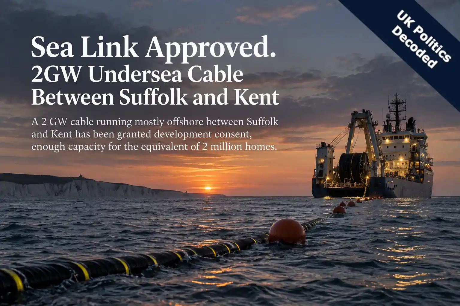 Offshore cable route across the North Sea coast between Suffolk and Kent at dusk