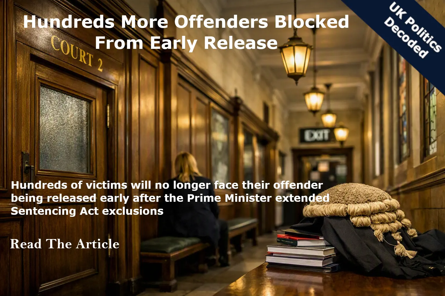 A courtroom corridor in England, representing the extension of Sentencing Act early release exclusions to manslaughter and death by driving offences in August 2026