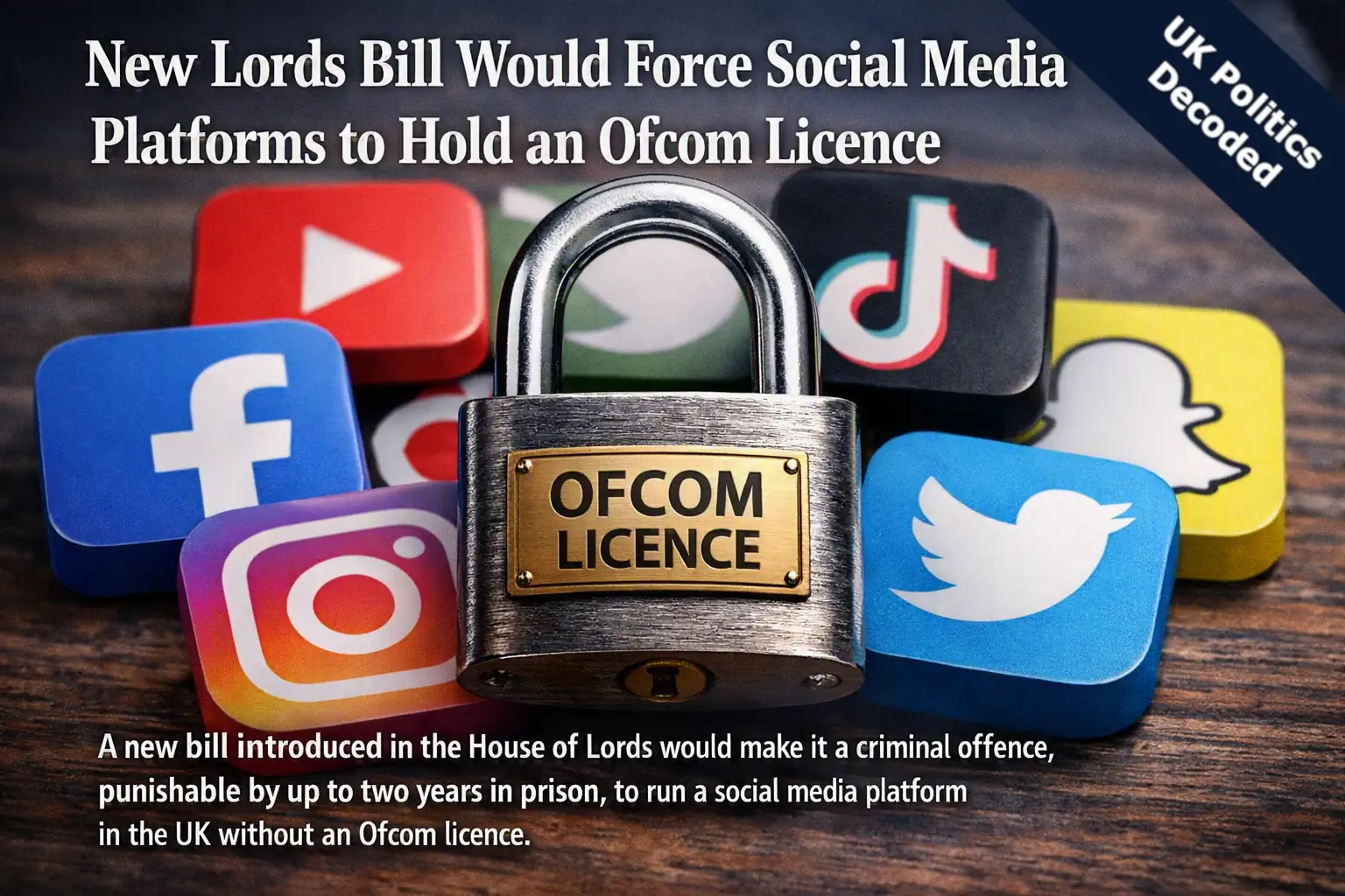 A padlock overlaid on social media app icons, representing the proposed Ofcom licensing scheme for social media platforms operating in the UK