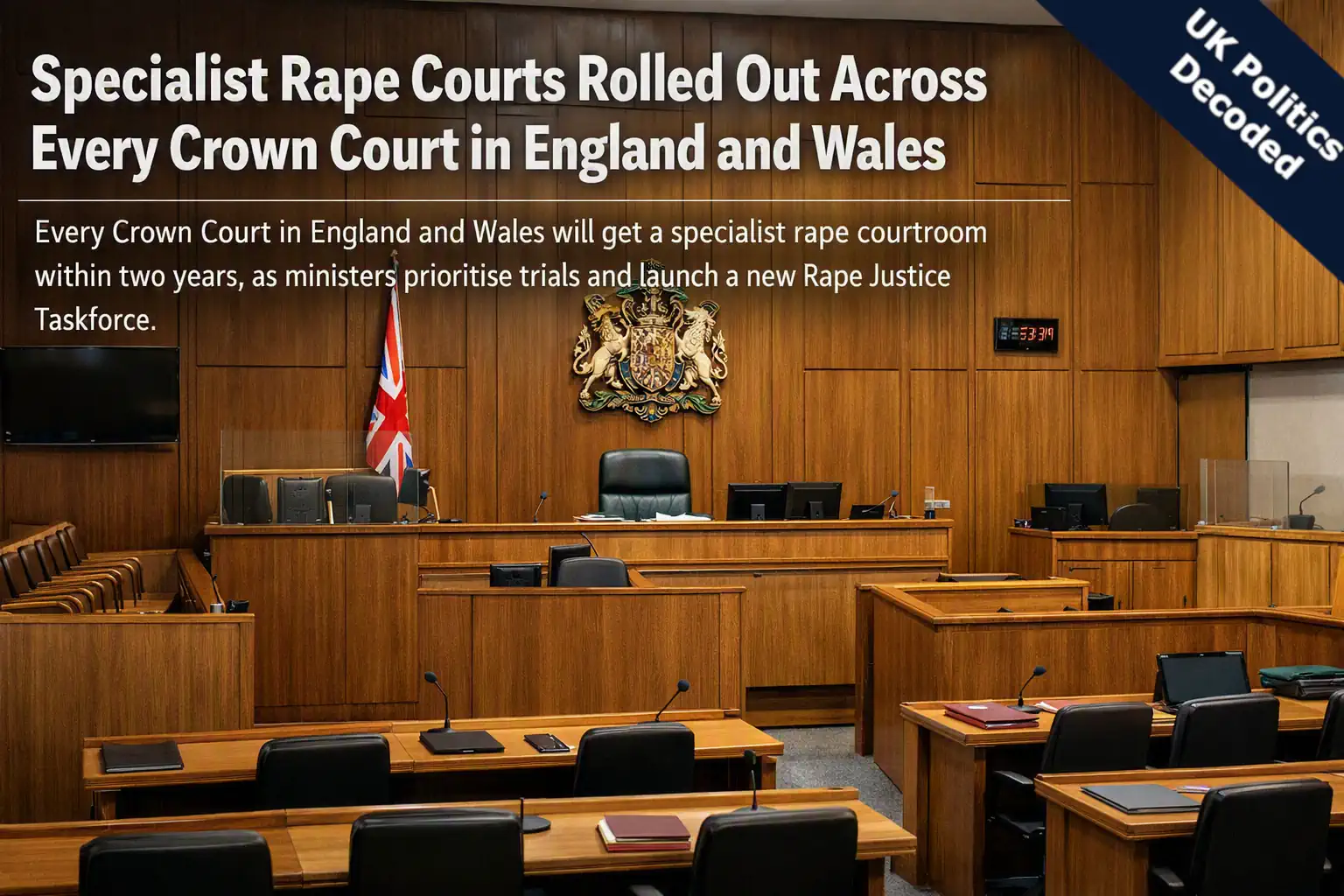 An empty Crown Court courtroom representing the rollout of specialist rape and serious sexual offence courtrooms across England and Wales