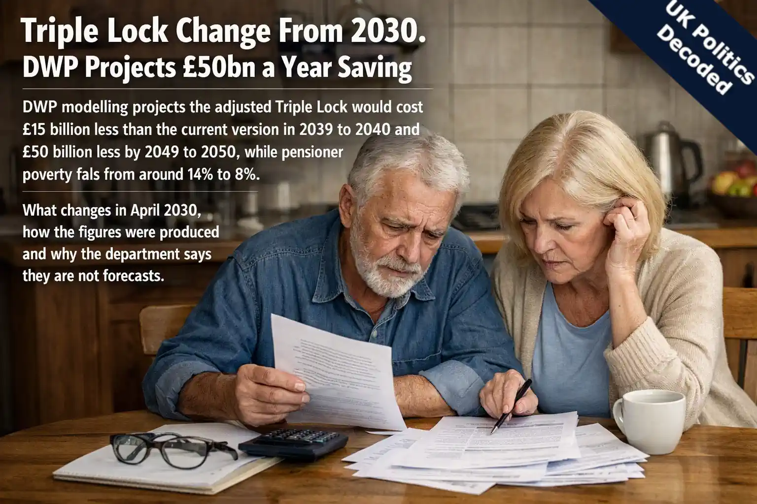 An older couple reviewing household paperwork at a kitchen table