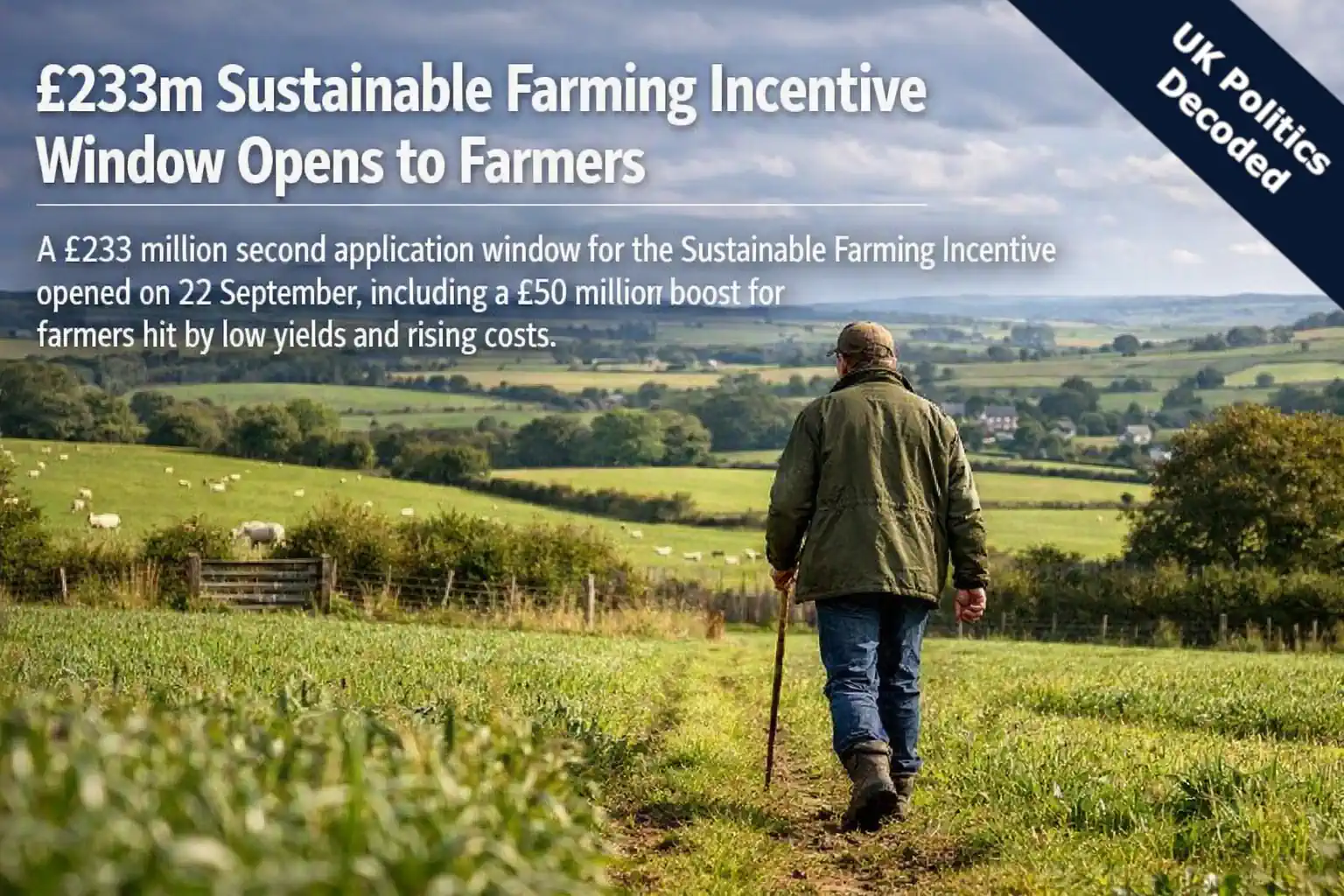 A farmer walking across green English farmland, illustrating the Sustainable Farming Incentive scheme