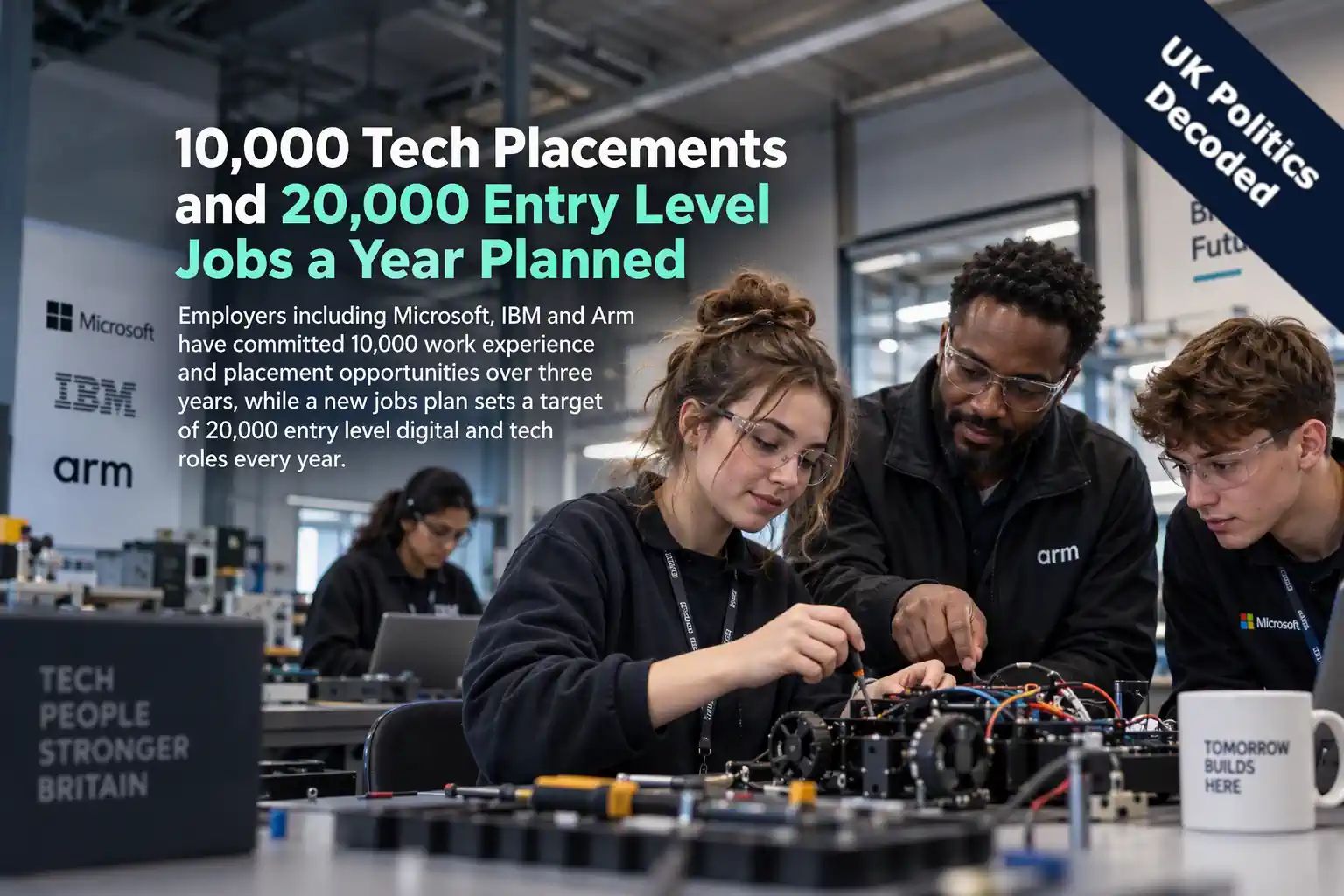 young people working alongside engineers in a modern technology workshop, representing the government's tech work placement programme