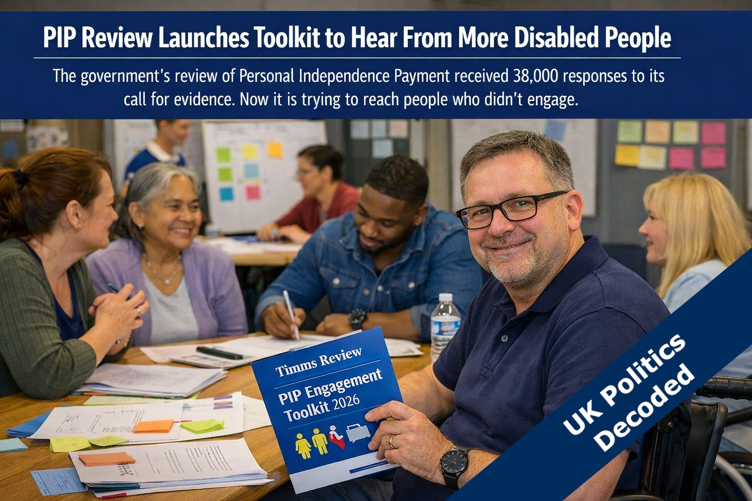 Disabled person at a community workshop table with documents, representing the Timms Review PIP engagement toolkit 2026