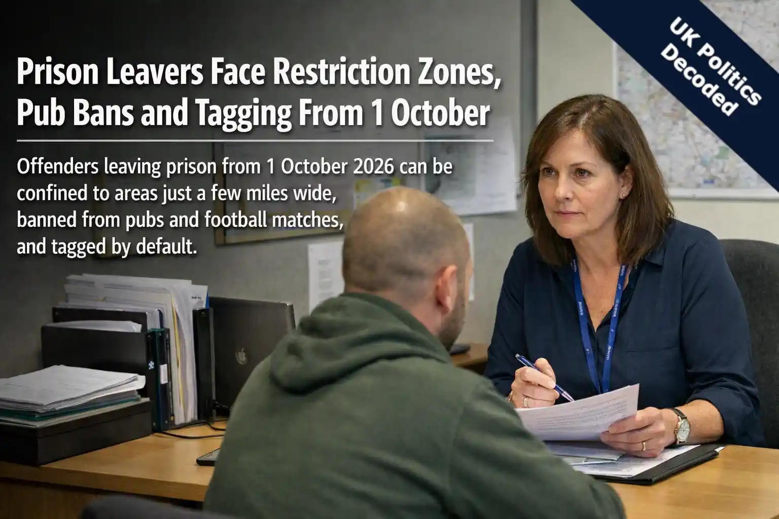 Probation officer meeting a prison leaver as new licence restrictions and electronic tagging rules come into force in England and Wales