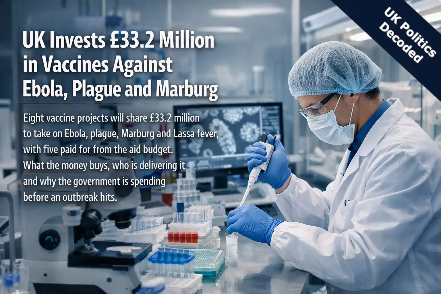 Scientist working in a vaccine research laboratory, representing the government's £33.2 million investment in epidemic and pandemic vaccines