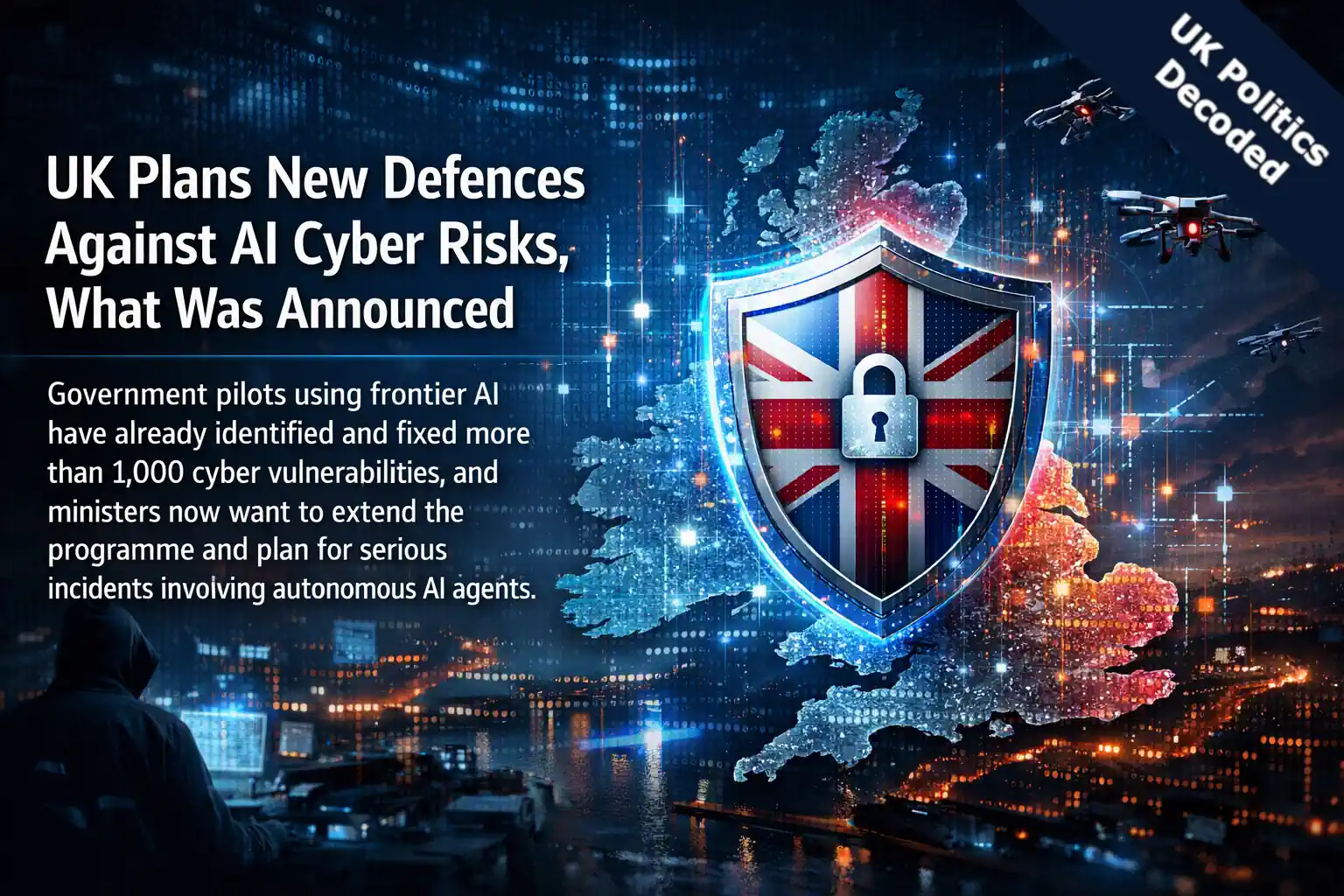 Illustration of a digital shield over the UK representing national AI and cyber defences