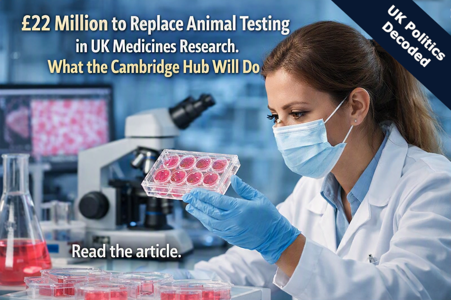 Laboratory researcher examining human tissue cell cultures, representing the UK's new funding to replace animal testing with organoid and human biology models