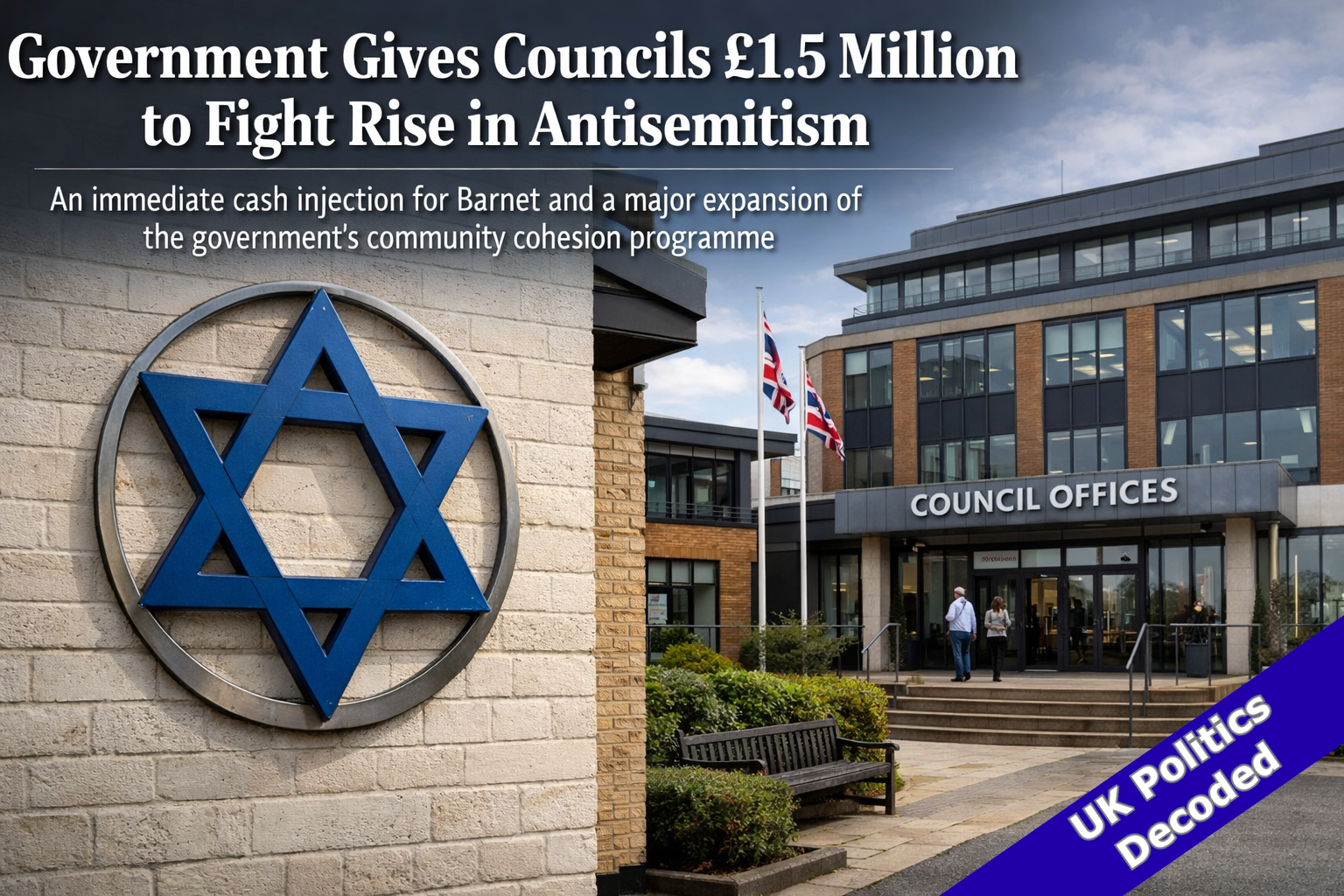 A Star of David symbol on a community building with council offices in the background