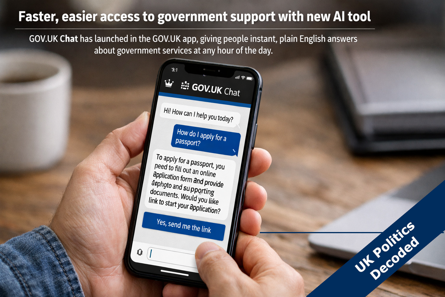 A person using a smartphone showing the GOV.UK app with a chat interface representing the new GOV.UK Chat AI tool