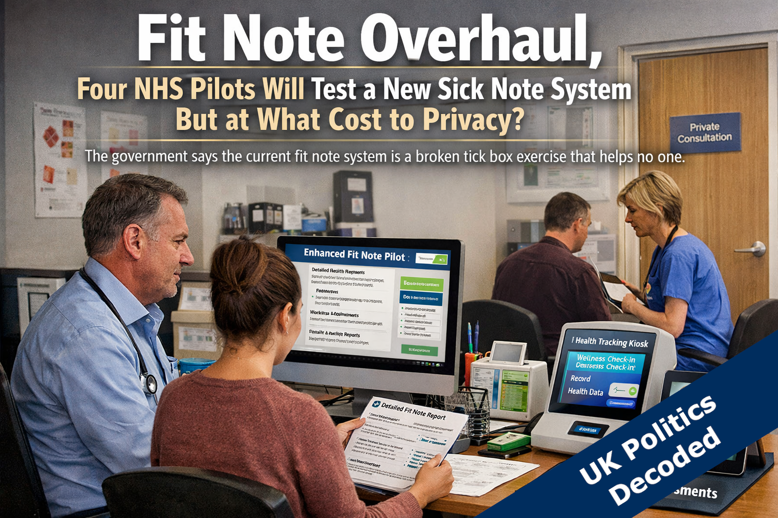 A GP surgery representing the fit note system overhaul and NHS pilots announced by the UK government in May 2026