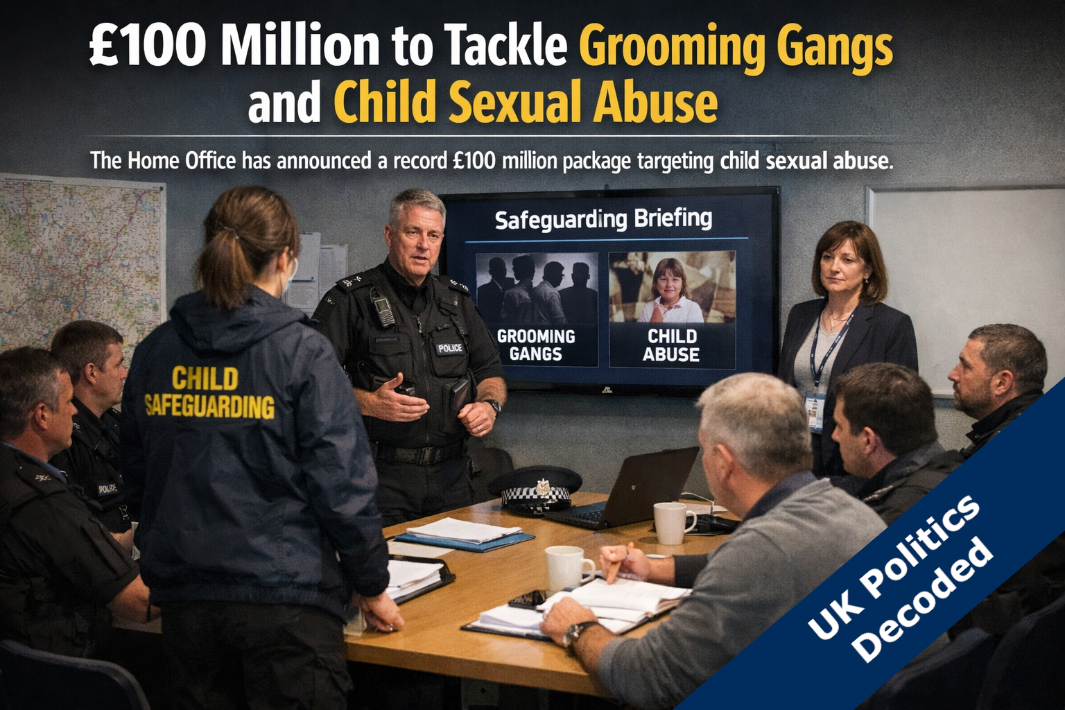 Police officers and child safeguarding workers in a briefing room representing the government's £100 million crackdown on child sexual abuse and grooming gangs