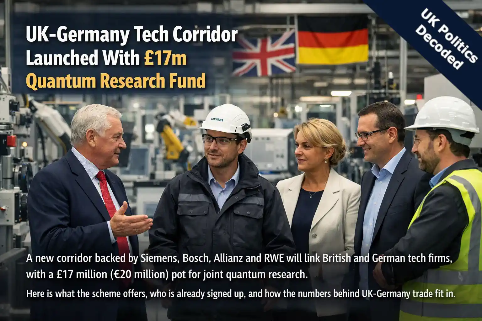 Engineers and business leaders in a German industrial facility with Union and German flags in the background