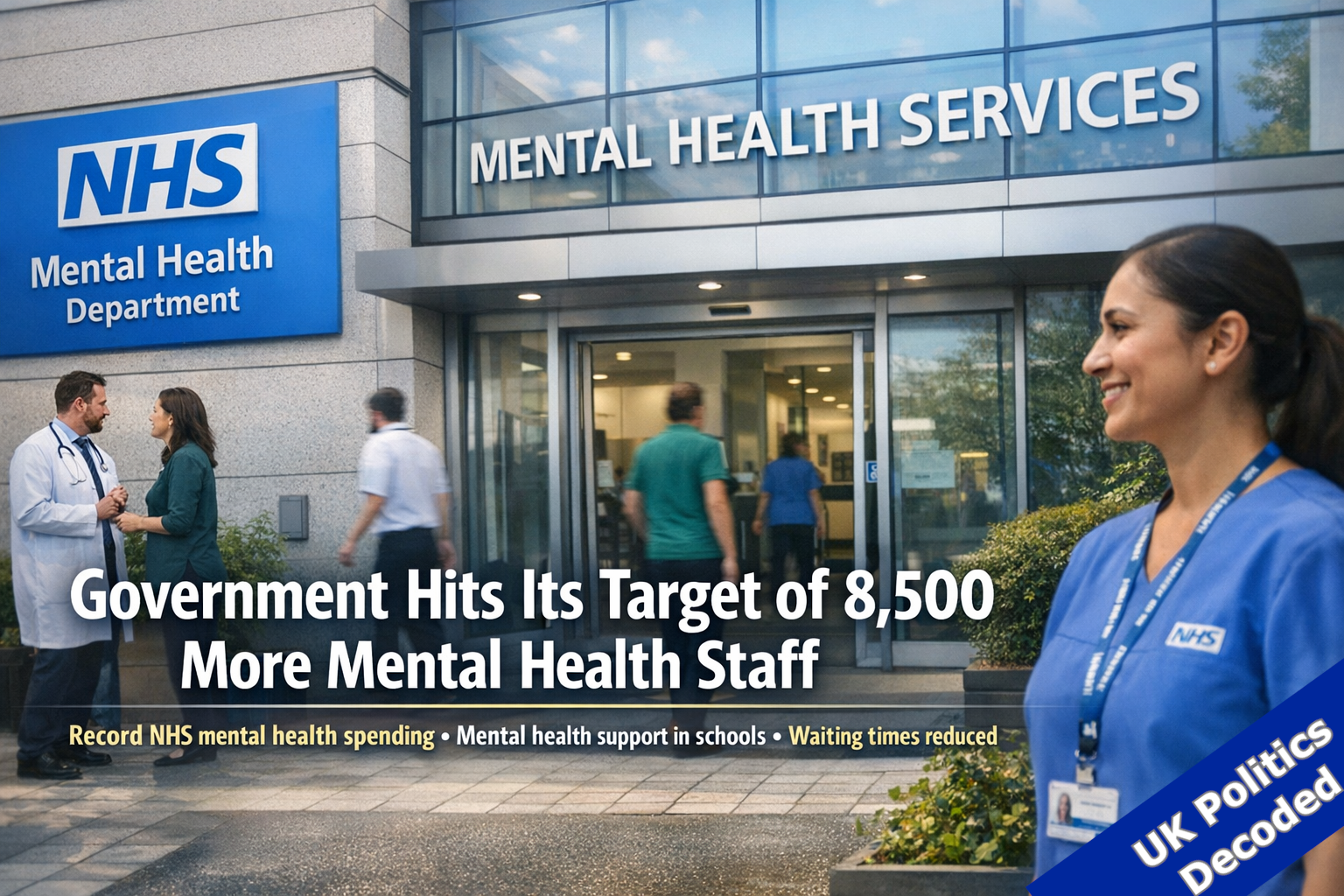 NHS mental health workers representing the government's 8,500 extra mental health staff recruitment milestone announced April 2026