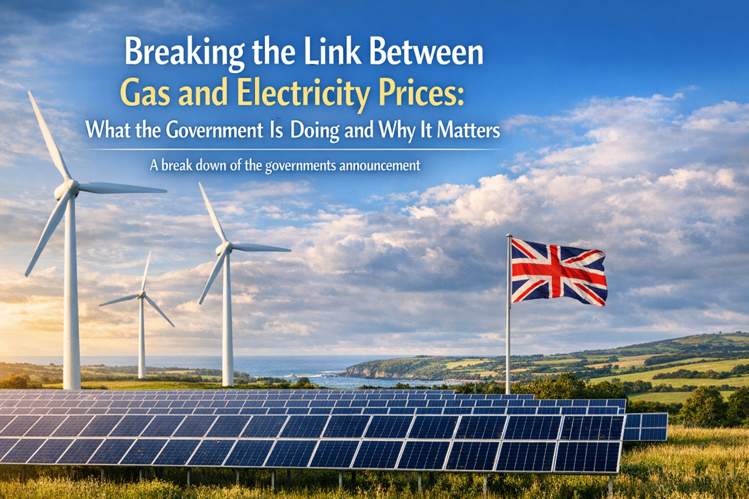 Wind turbines and solar panels representing the UK's clean energy transition to break the link between gas and electricity prices