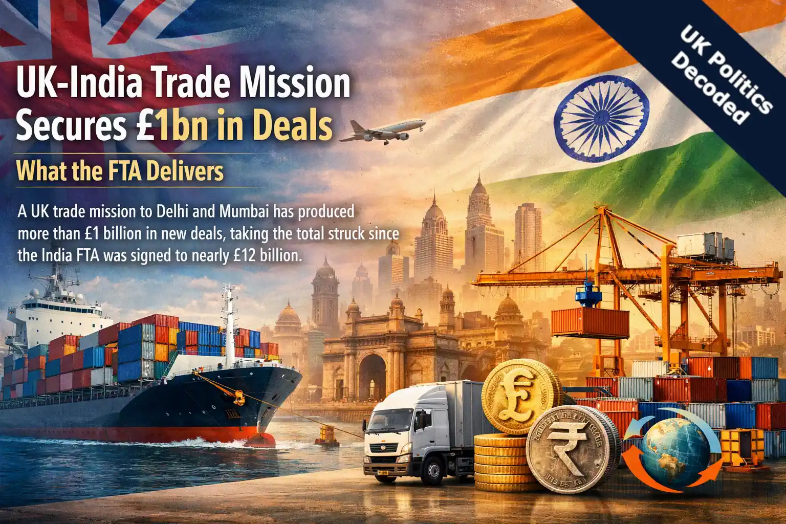Illustration of UK and India flags with trade and export imagery