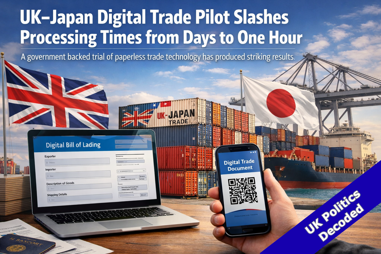 Digital trade documents and cargo containers representing the UK-Japan digital trade corridor pilot