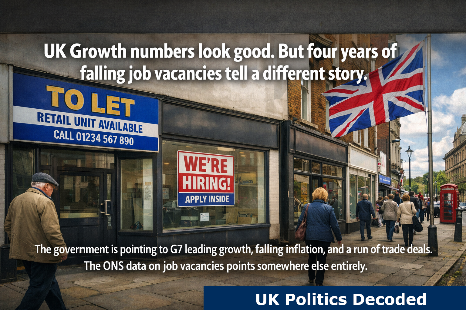 A UK high street with a vacant retail unit to let alongside a we're hiring sign, a Union Jack flag
