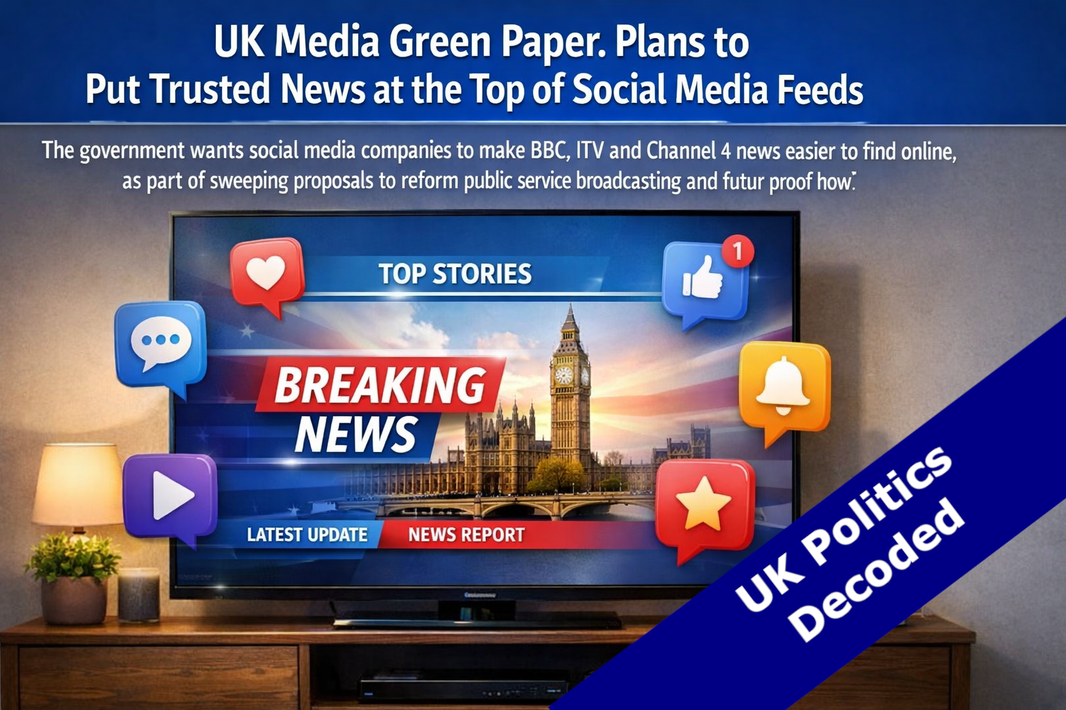 Television and social media icons representing UK public service broadcasting reform