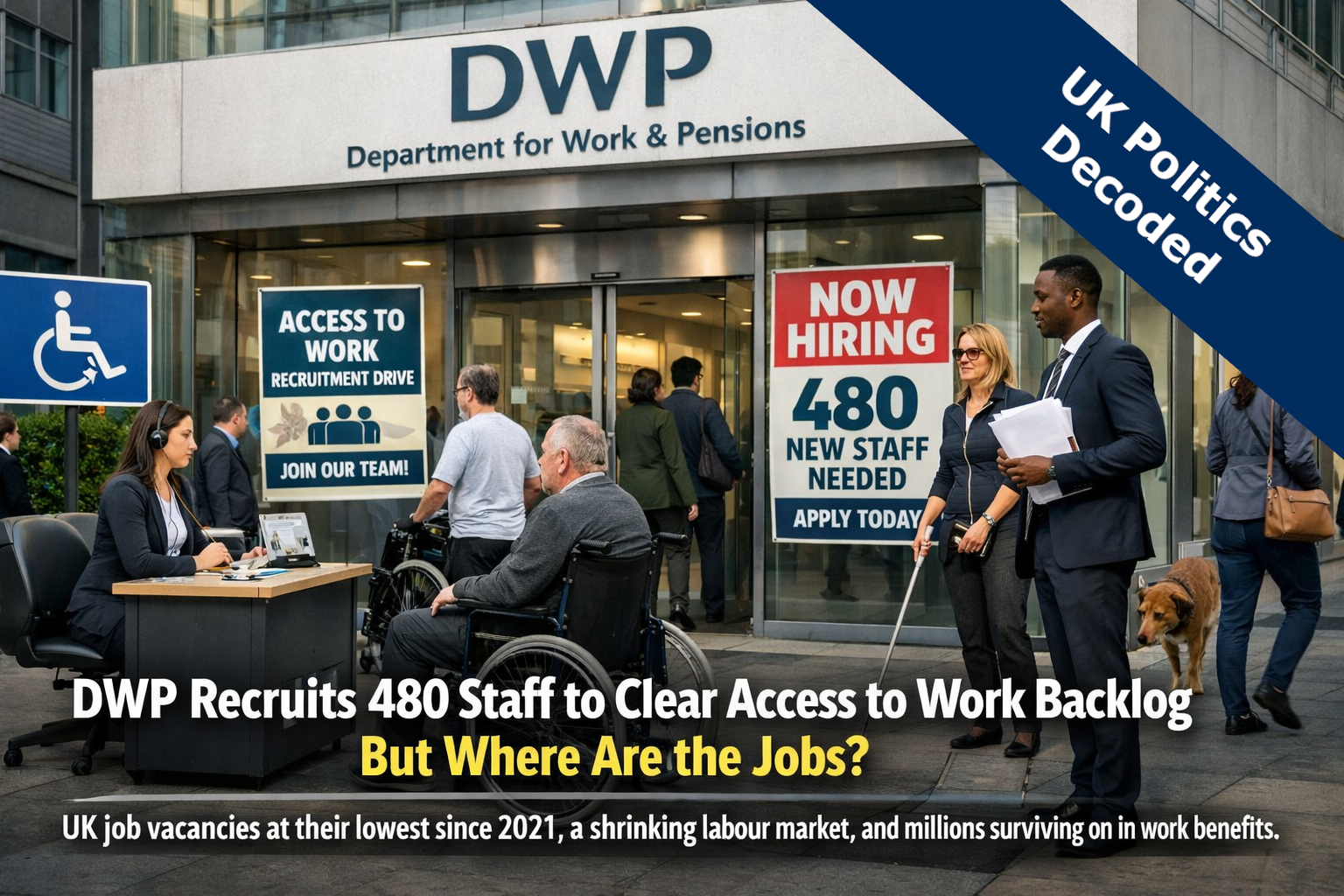 A DWP office building representing the Access to Work scheme recruitment drive and disability employment support in the UK