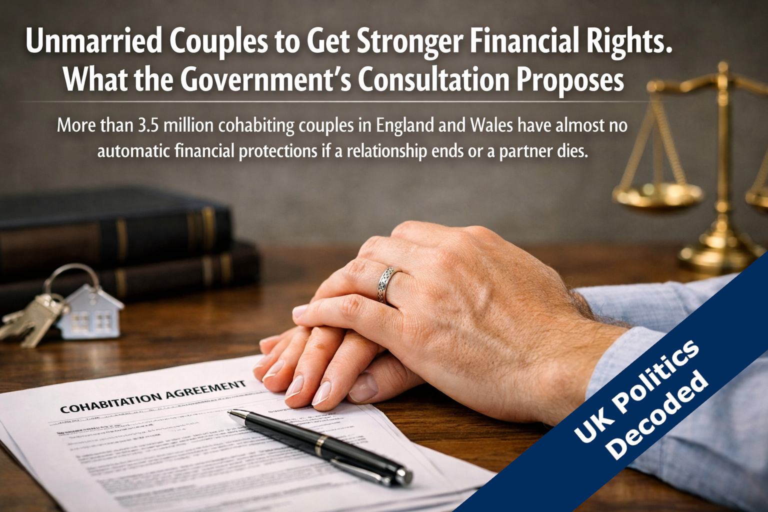 Two hands resting together on a table with legal documents, representing UK cohabitation rights reform 2026
