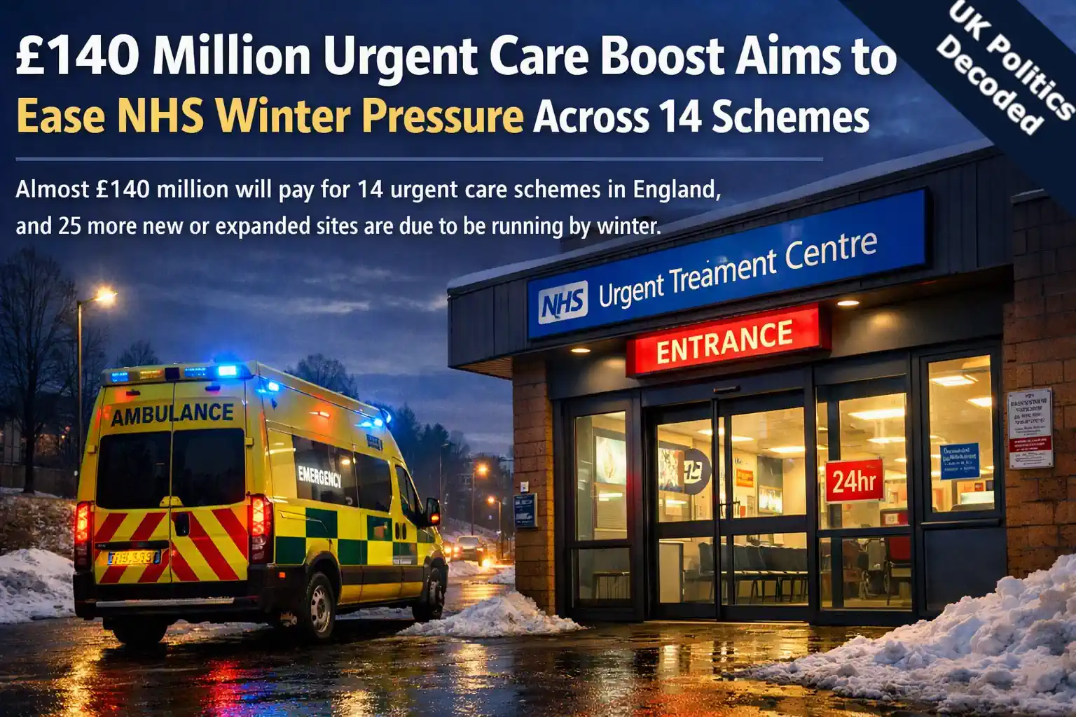 Illustration of an NHS urgent treatment centre entrance and an ambulance on a winter evening, representing the government's urgent care investment