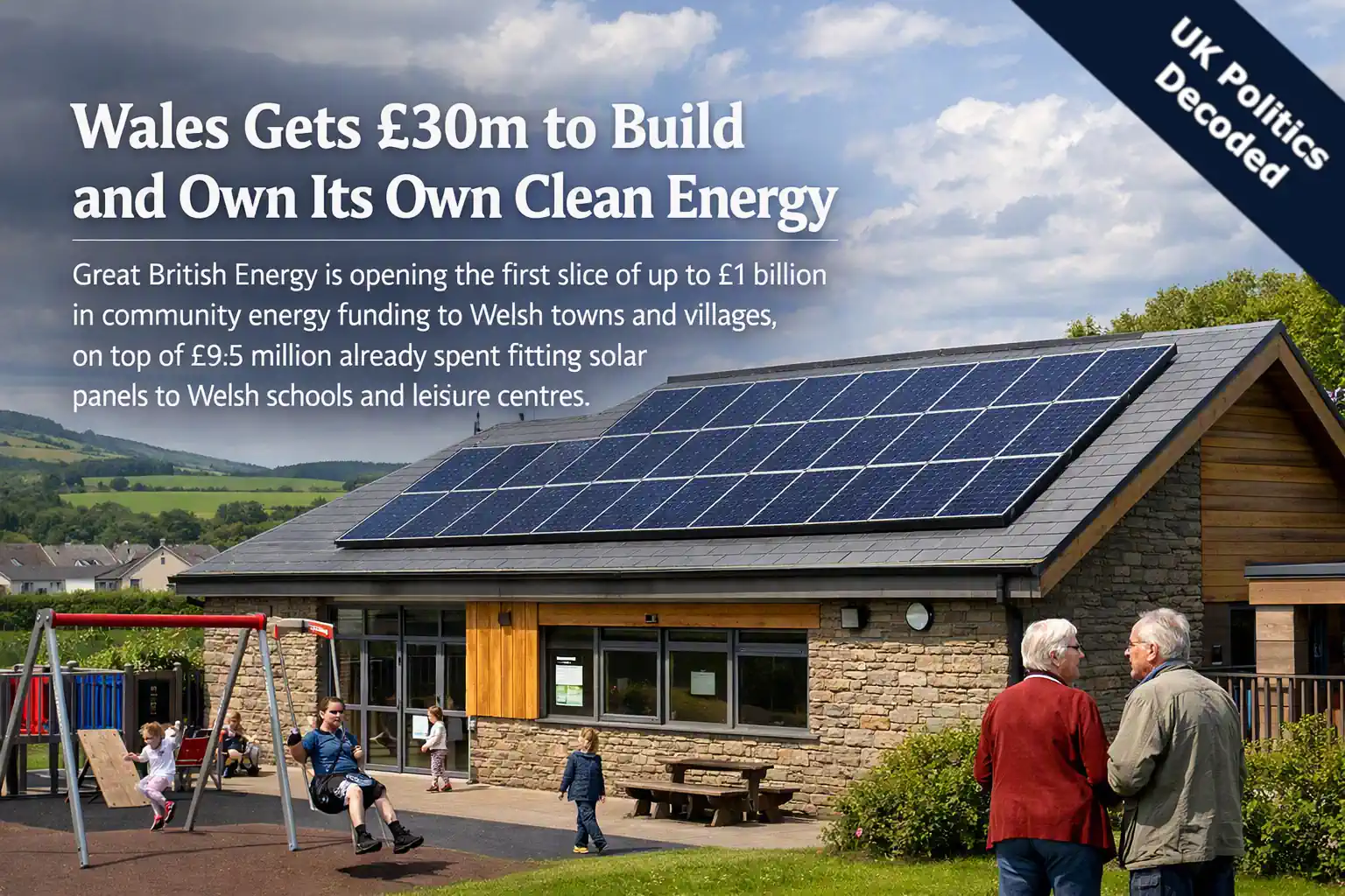 Solar panels on a community building in Wales, illustrating new funding for locally owned clean energy projects
