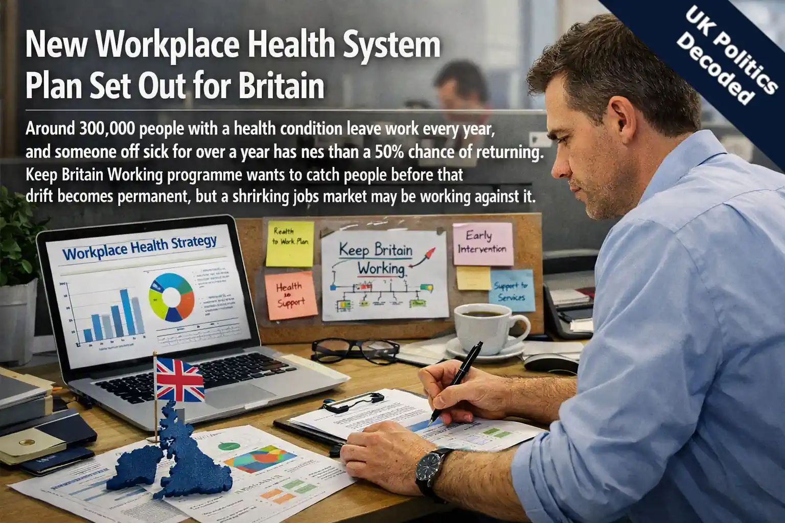 An office worker at a desk, illustrating plans for a new Workplace Health System in Britain