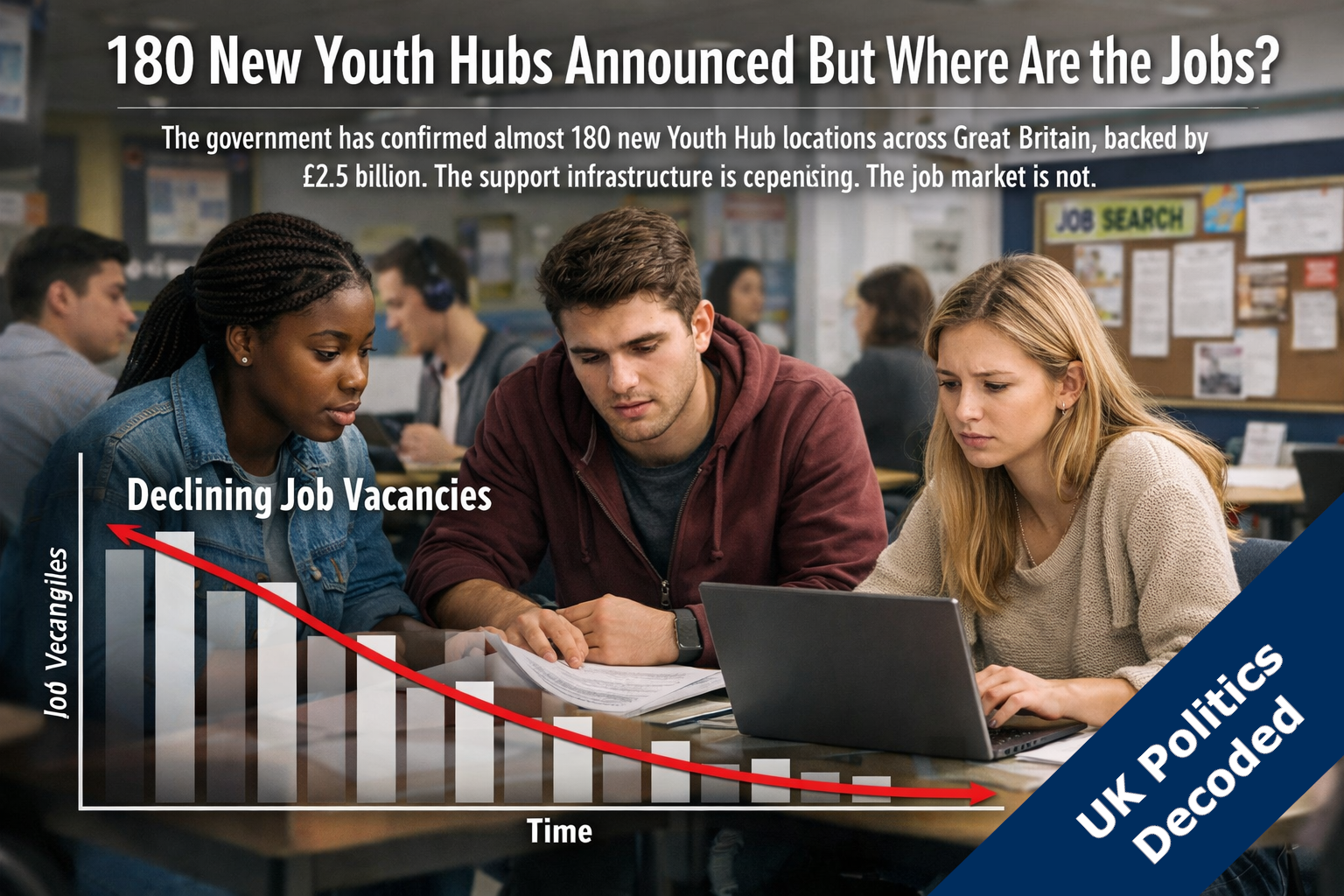 Young people at a community employment hub with a declining job vacancies graph overlay