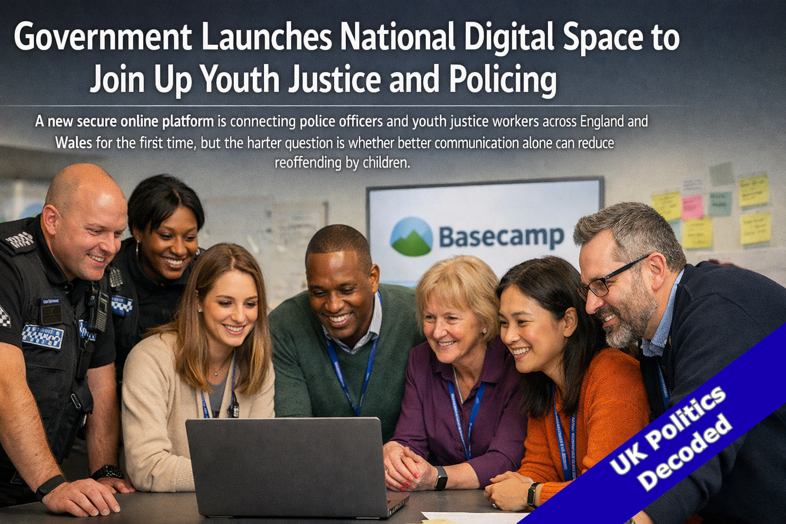 Police officers and youth justice workers representing the new Basecamp collaboration platform launched by the Youth Justice Board